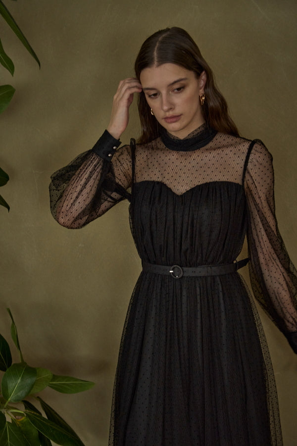 Flocked Tulle Lace Dress <br> -Black-
