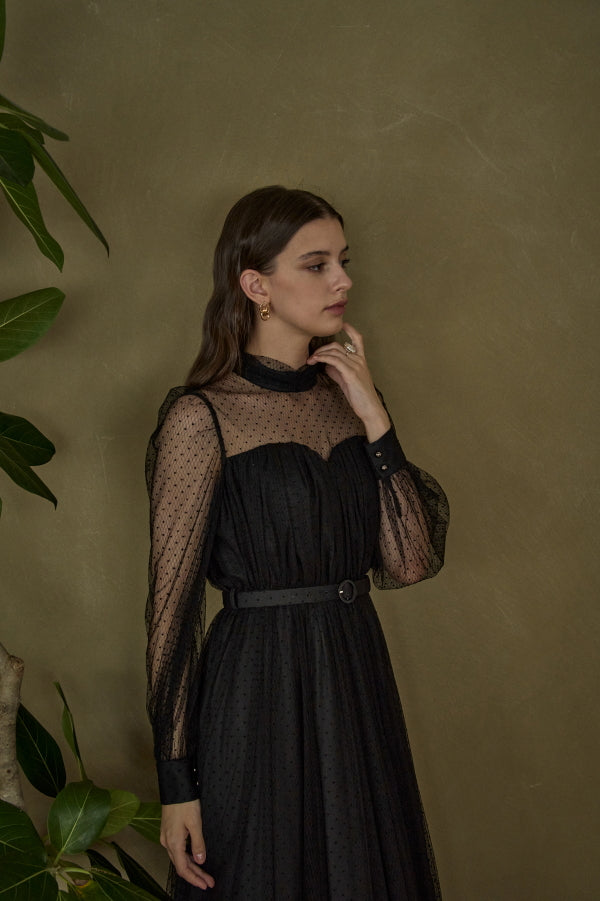 Flocked Tulle Lace Dress <br> -Black-