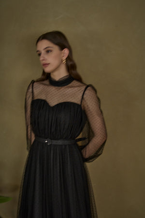 Flocked Tulle Lace Dress <br> -Black-