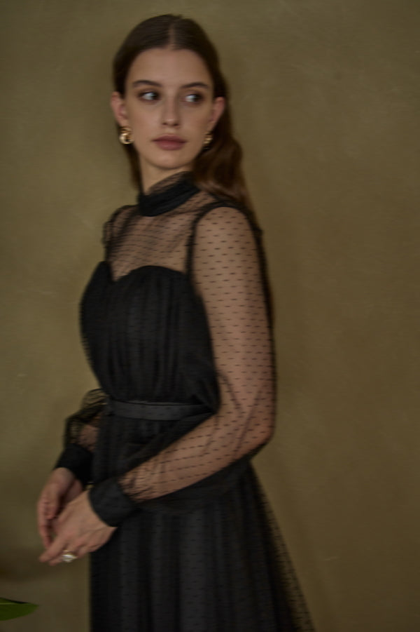 Flocked Tulle Lace Dress <br> -Black-