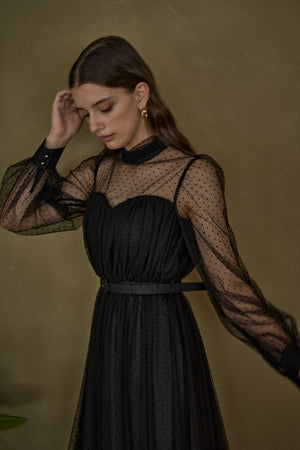 Flocked Tulle Lace Dress <br> -Black-