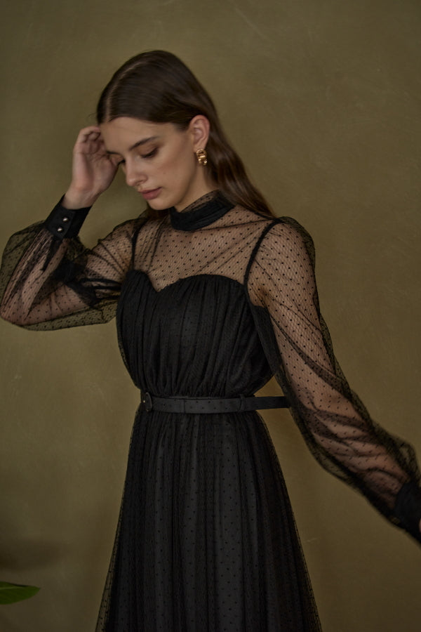 Flocked Tulle Lace Dress <br> -Black-