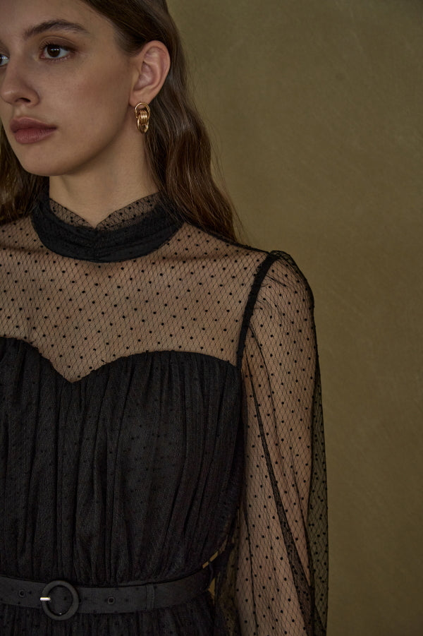Flocked Tulle Lace Dress <br> -Black-
