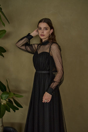 Flocked Tulle Lace Dress <br> -Black-