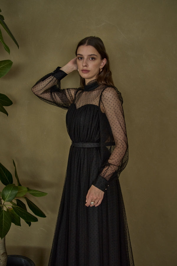 Flocked Tulle Lace Dress <br> -Black-