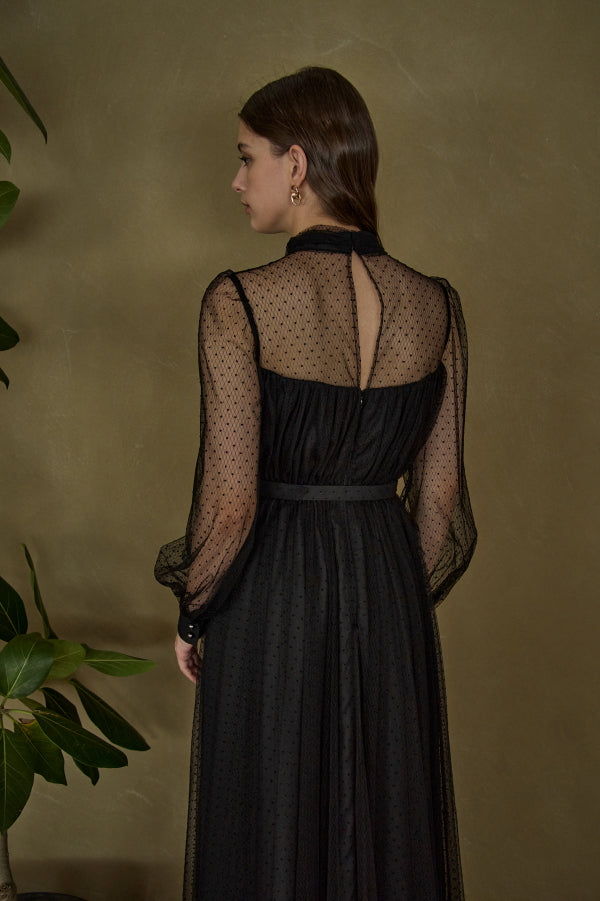 Flocked Tulle Lace Dress <br> -Black-