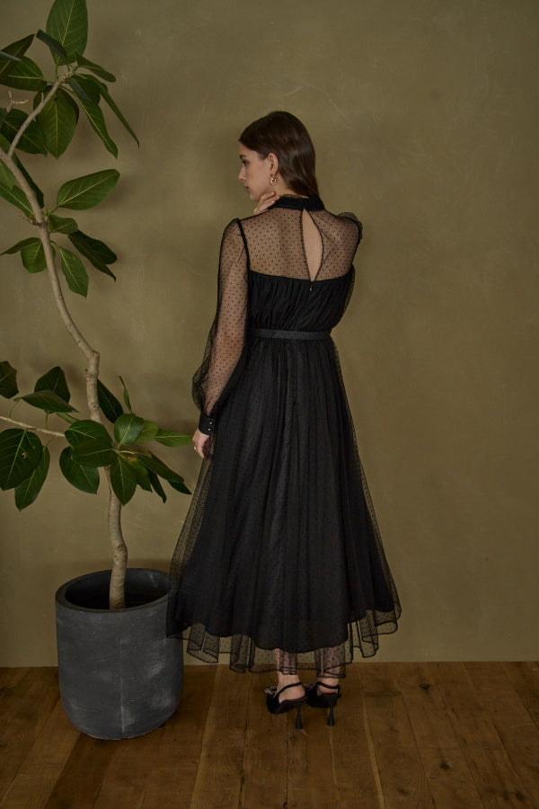 Flocked Tulle Lace Dress <br> -Black-