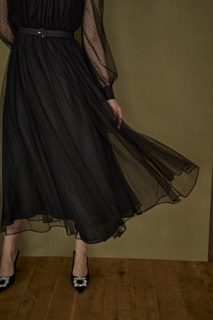 Flocked Tulle Lace Dress <br> -Black-