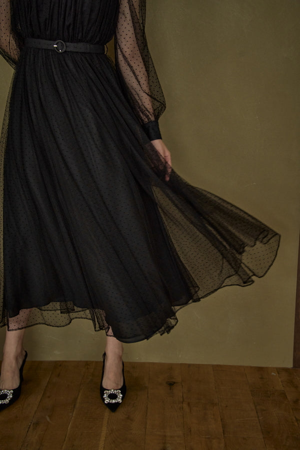Flocked Tulle Lace Dress <br> -Black-