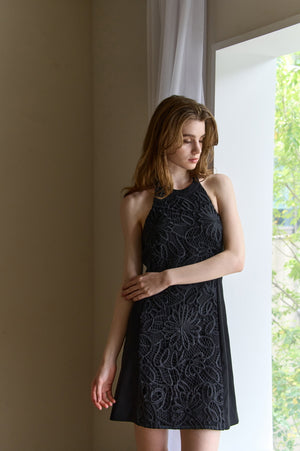 Lace American-Neck Minimal One-Piece <br> -Black-