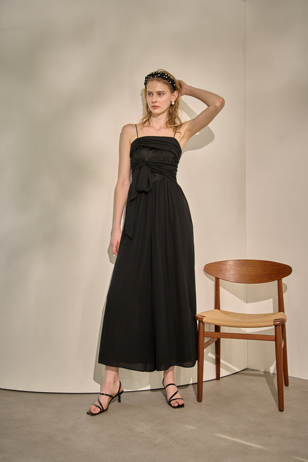 Lace Overlay Georgette Jumpsuit <br> -Black-