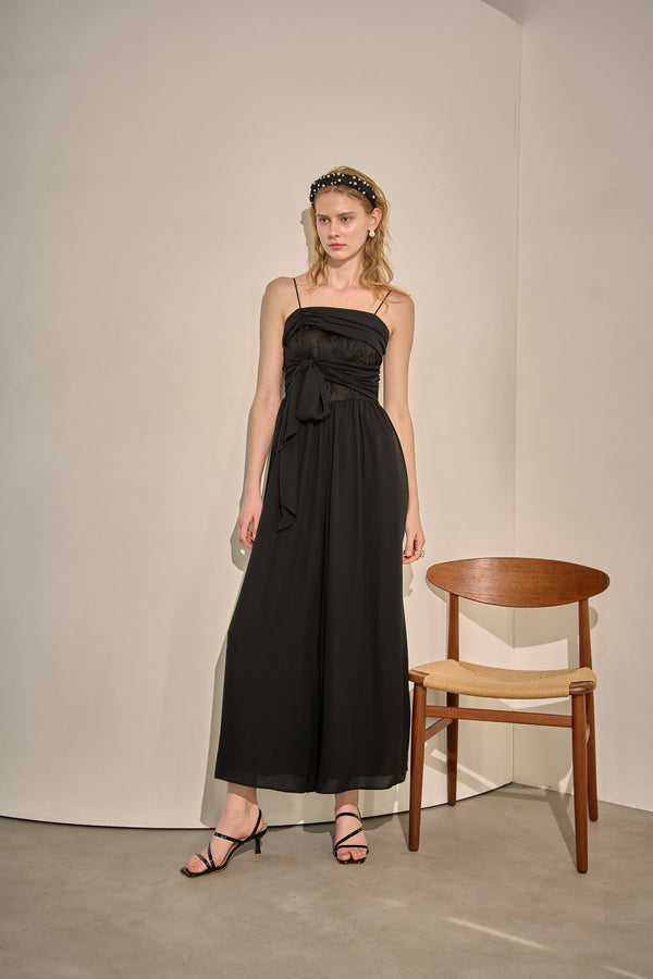 Lace Overlay Georgette Jumpsuit <br> -Black-