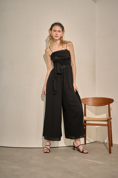 Lace Overlay Georgette Jumpsuit <br> -Black-