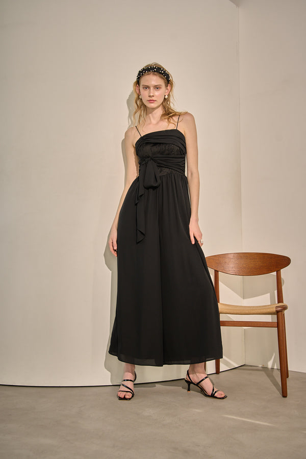 Lace Overlay Georgette Jumpsuit <br> -Black-
