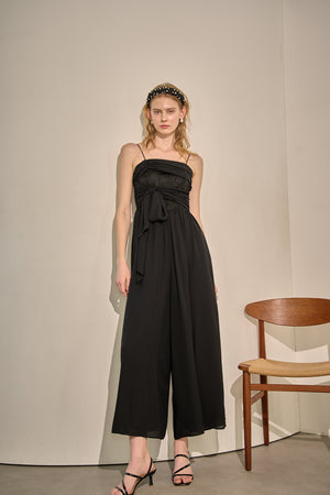 Lace Overlay Georgette Jumpsuit <br> -Black-