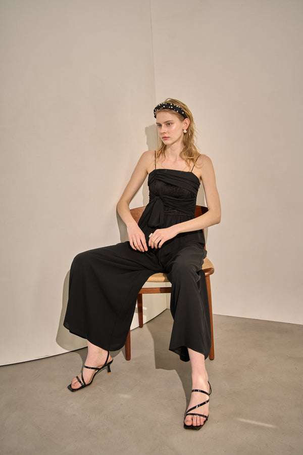 Lace Overlay Georgette Jumpsuit <br> -Black-