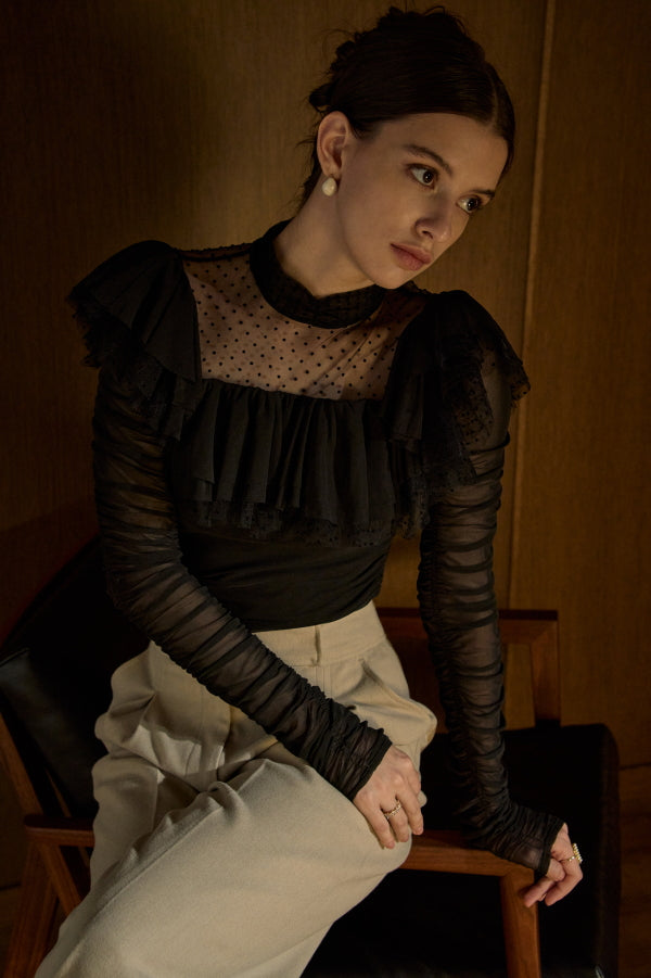 Dot Tulle Stretch Top  <br> -Black-