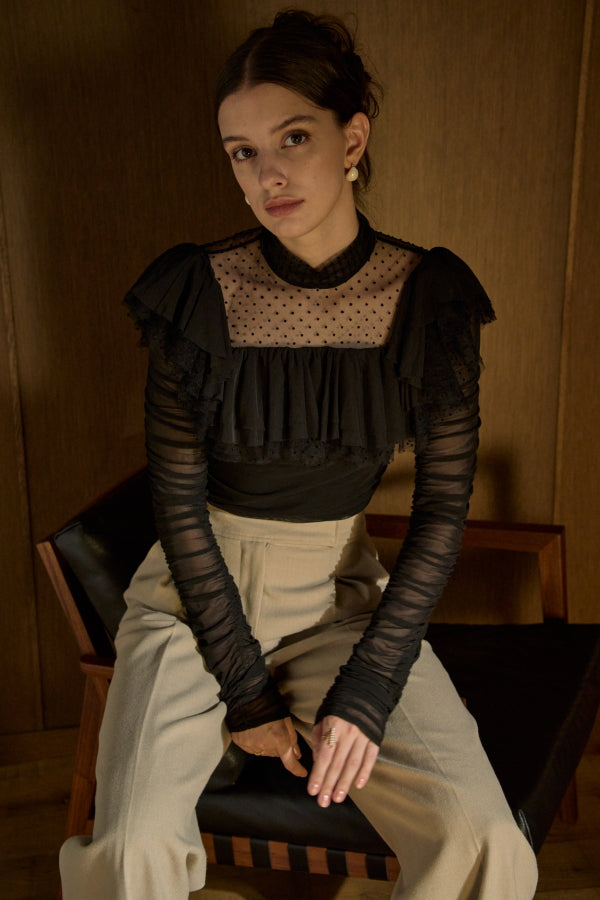 Dot Tulle Stretch Top  <br> -Black-