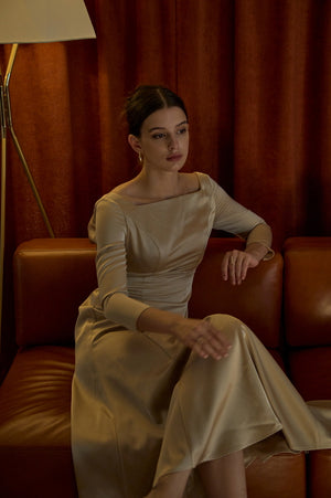 Satin Drape-Back Dress <br> -Champagne-