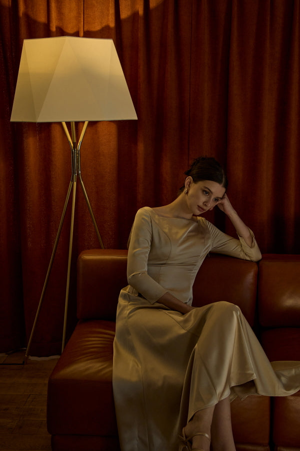 Satin Drape-Back Dress <br> -Champagne-