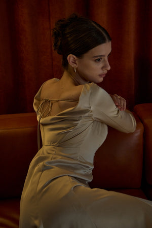 Satin Drape-Back Dress <br> -Champagne-