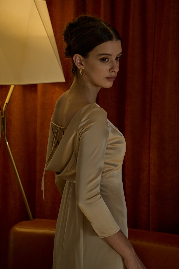 Satin Drape-Back Dress <br> -Champagne-