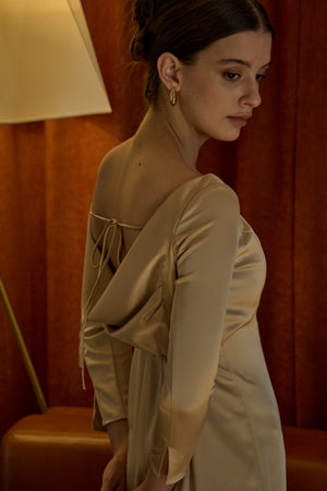 Satin Drape-Back Dress <br> -Champagne-