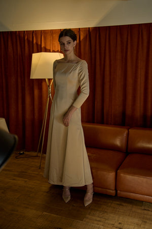 Satin Drape-Back Dress <br> -Champagne-