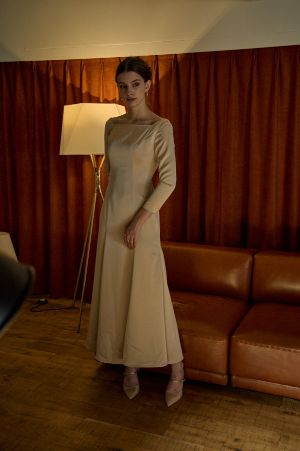 Satin Drape-Back Dress <br> -Champagne-