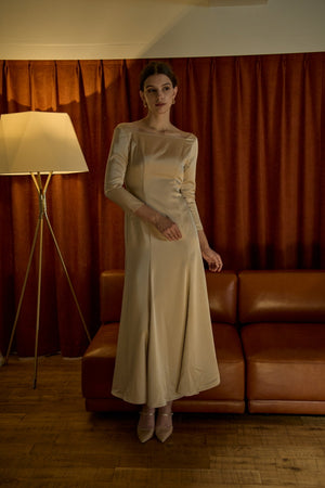 Satin Drape-Back Dress <br> -Champagne-