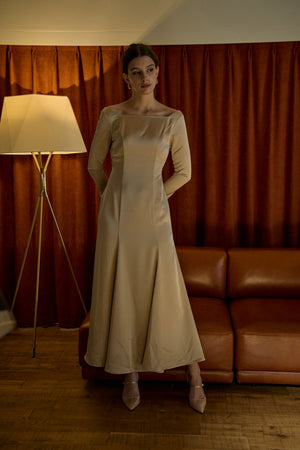Satin Drape-Back Dress <br> -Champagne-