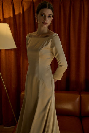 Satin Drape-Back Dress <br> -Champagne-