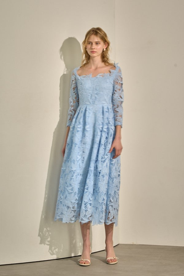 Élise Square-Neck Lace Dress  <br> -Sax-
