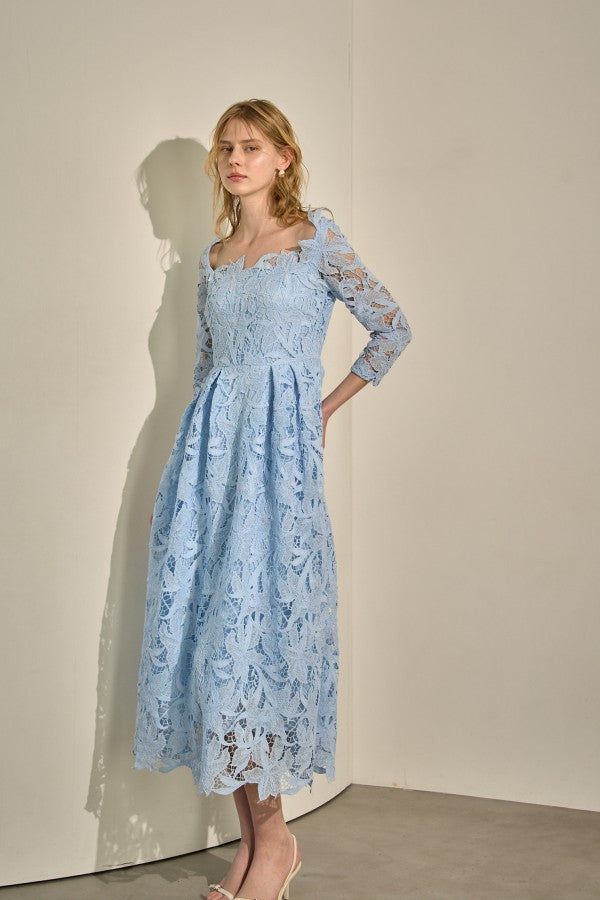 Élise Square-Neck Lace Dress  <br> -Sax-