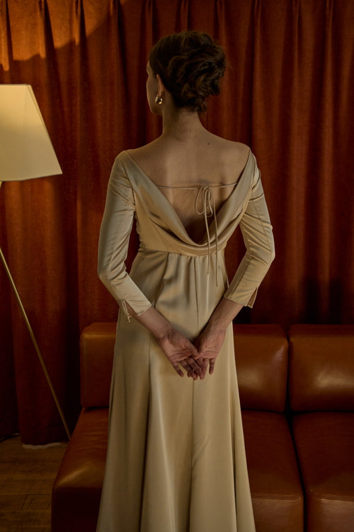 Satin Drape-Back Dress <br> -Champagne-