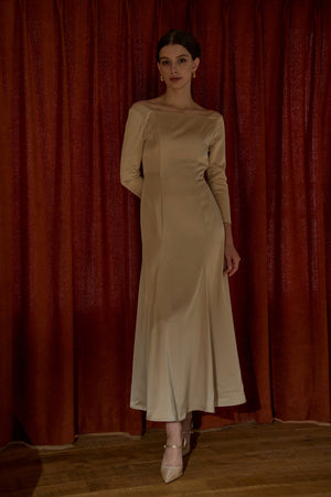 Satin Drape-Back Dress <br> -Champagne-