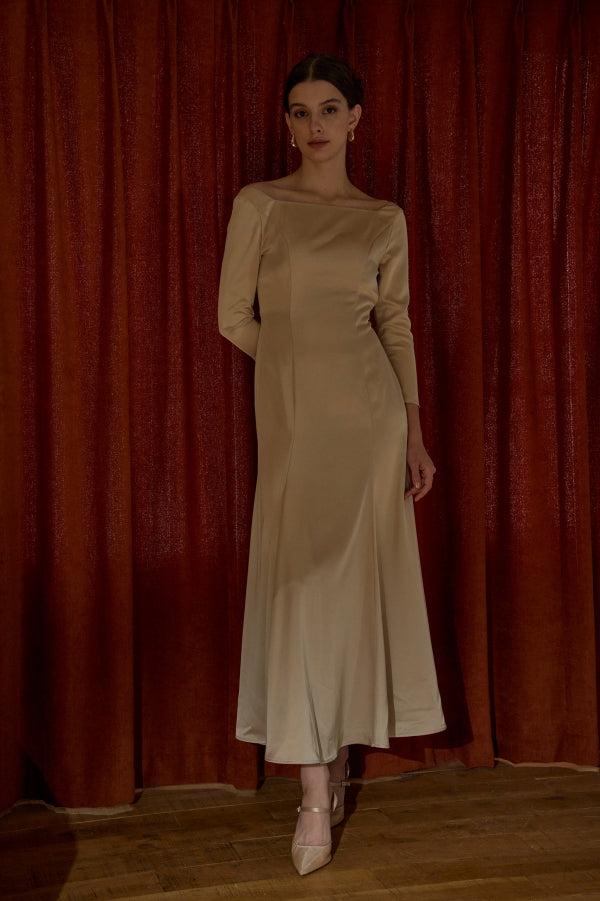 Satin Drape-Back Dress <br> -Champagne-