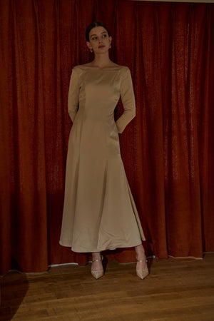 Satin Drape-Back Dress <br> -Champagne-