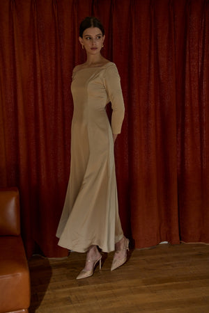 Satin Drape-Back Dress <br> -Champagne-