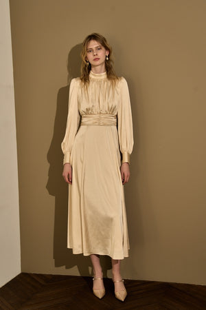 Satin Stand-Neck Long Dress <br> -Champagne-
