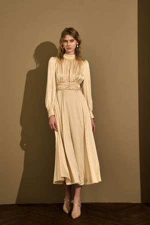Satin Stand-Neck Long Dress <br> -Champagne-