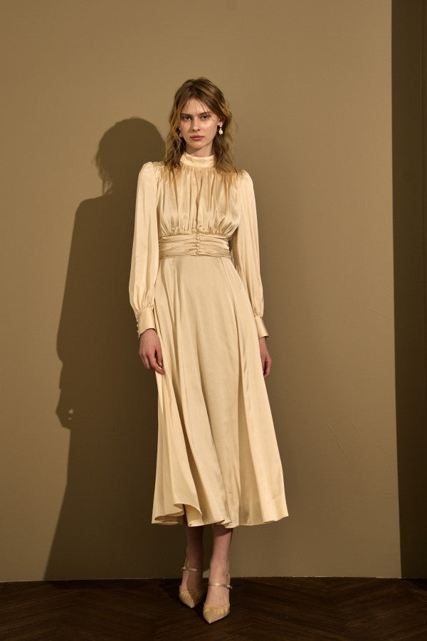 Satin Stand-Neck Long Dress <br> -Champagne-