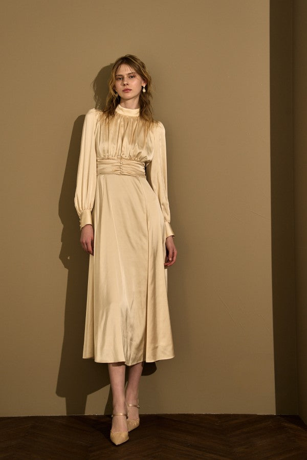 Satin Stand-Neck Long Dress <br> -Champagne-