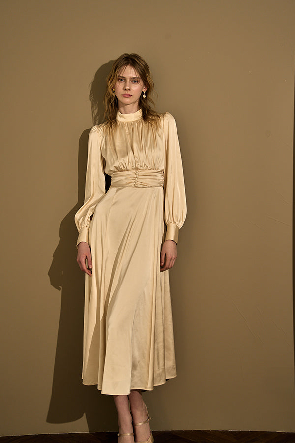 Satin Stand-Neck Long Dress <br> -Champagne-