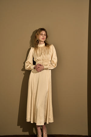 Satin Stand-Neck Long Dress <br> -Champagne-