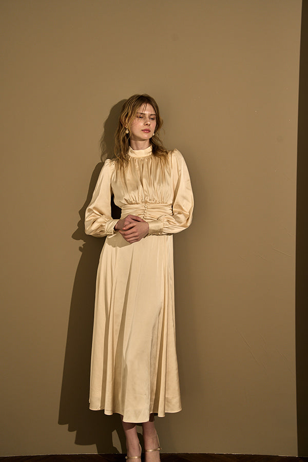 Satin Stand-Neck Long Dress <br> -Champagne-