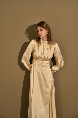 Satin Stand-Neck Long Dress <br> -Champagne-
