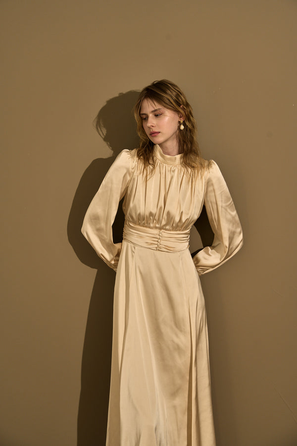 Satin Stand-Neck Long Dress <br> -Champagne-