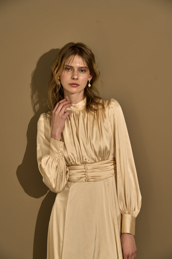 Satin Stand-Neck Long Dress <br> -Champagne-