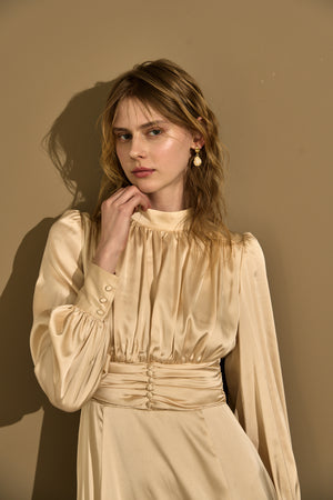 Satin Stand-Neck Long Dress <br> -Champagne-